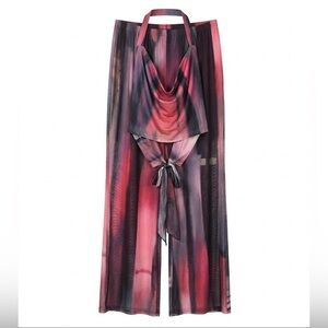 NWOT Y2K  Co-ord Set Print Mesh Halter Crop Top & Bell Bottom Pants